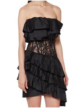 Rasario Black Silk Lace Corset Ruffle Strapless Mini Drees Size FR 34 US 0